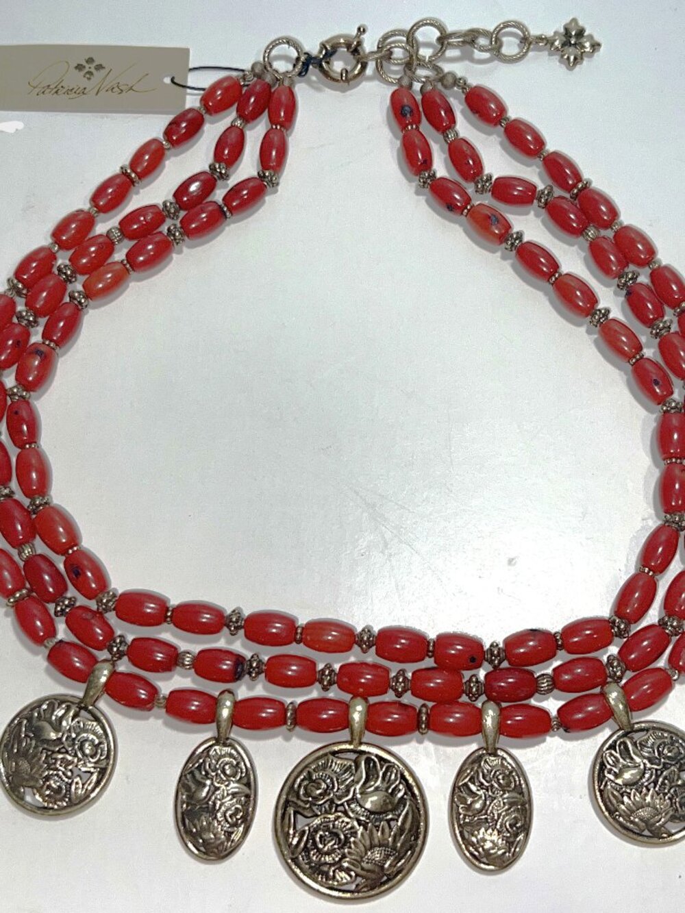 Patricia Nash Triple-Strand Red Beaded Gold-Tone Floral Flower Charm Necklace